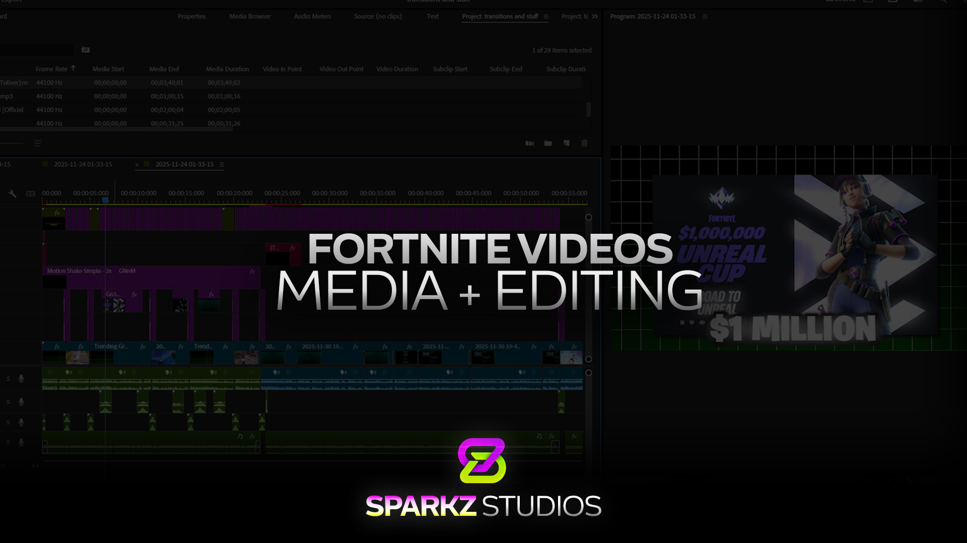 Fortnite media and editing showcase with a layered video timeline and tournament promotional artwork.