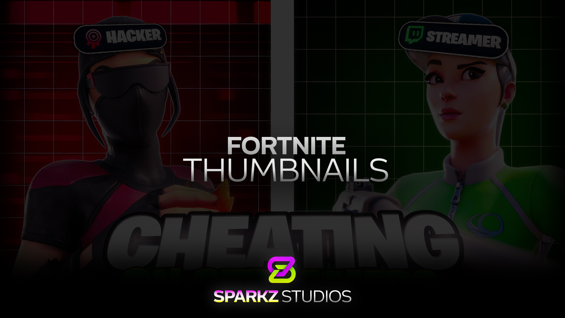 Fortnite thumbnail showcase with a split red and green composition featuring two game characters.