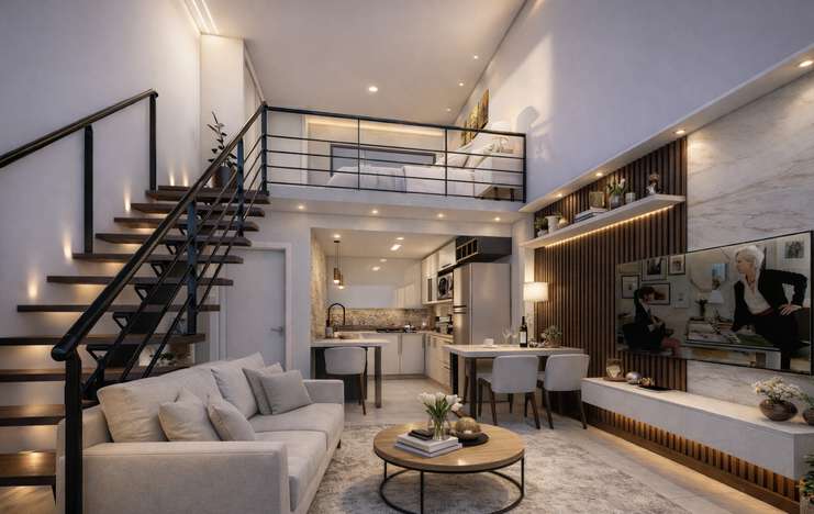 Interior do loft – sala integrada com mezanino