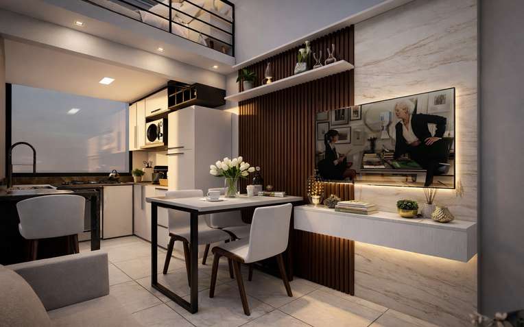 Sala de jantar integrada com parede ripada e mezanino