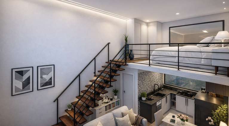 Loft Garden – vista do mezanino para a cozinha