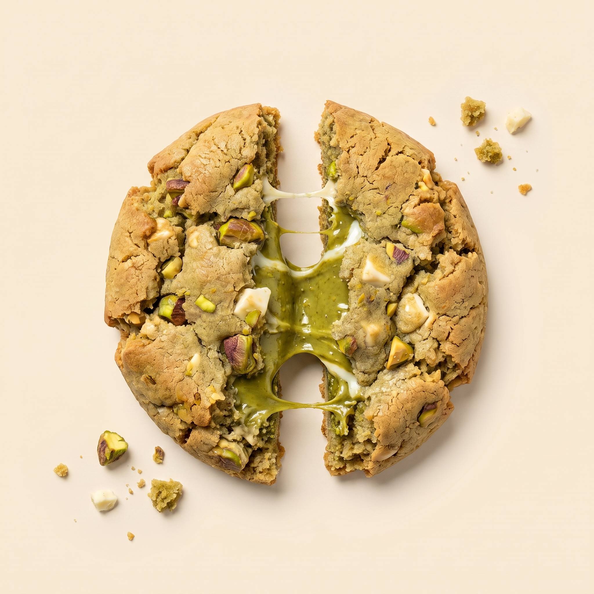 Cookie de pistacho de Tonto's Cookies rompiéndose en pedazos