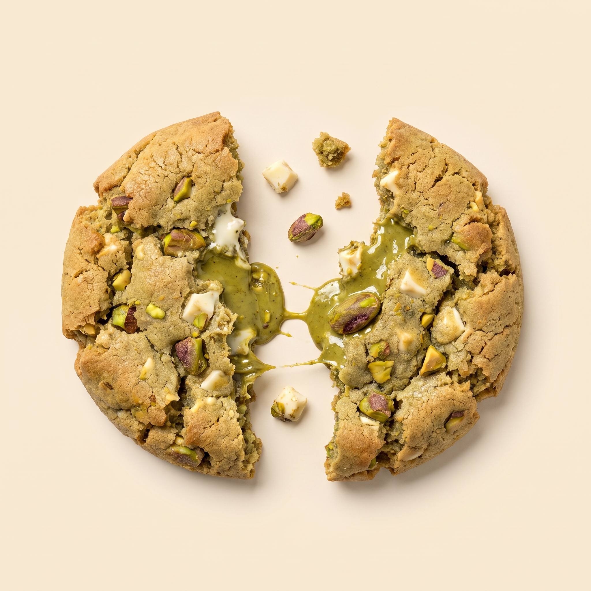 Cookie de pistacho de Tonto's Cookies rompiéndose en pedazos