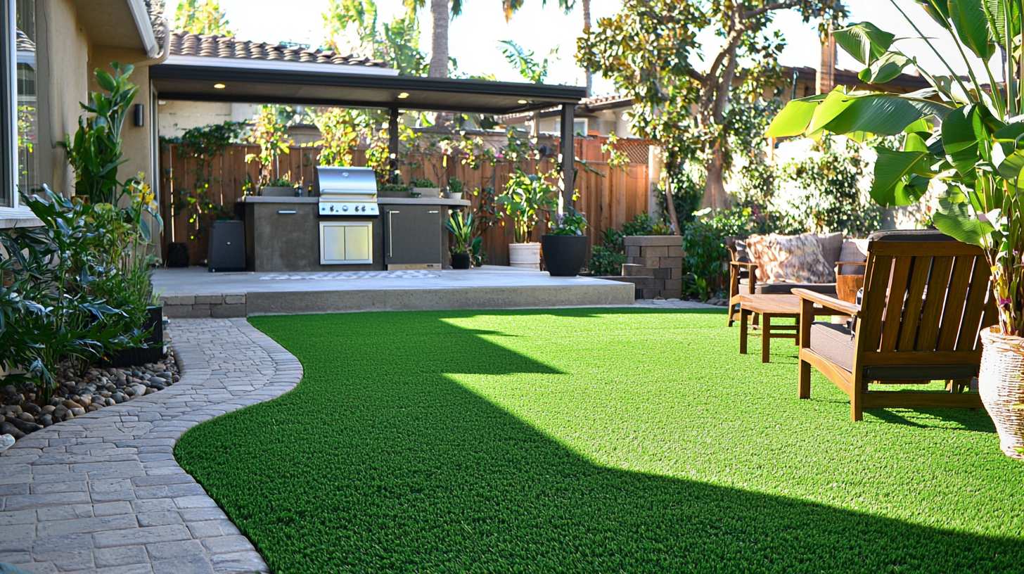 Backyard with artificial turf and covered outdoor kitchen