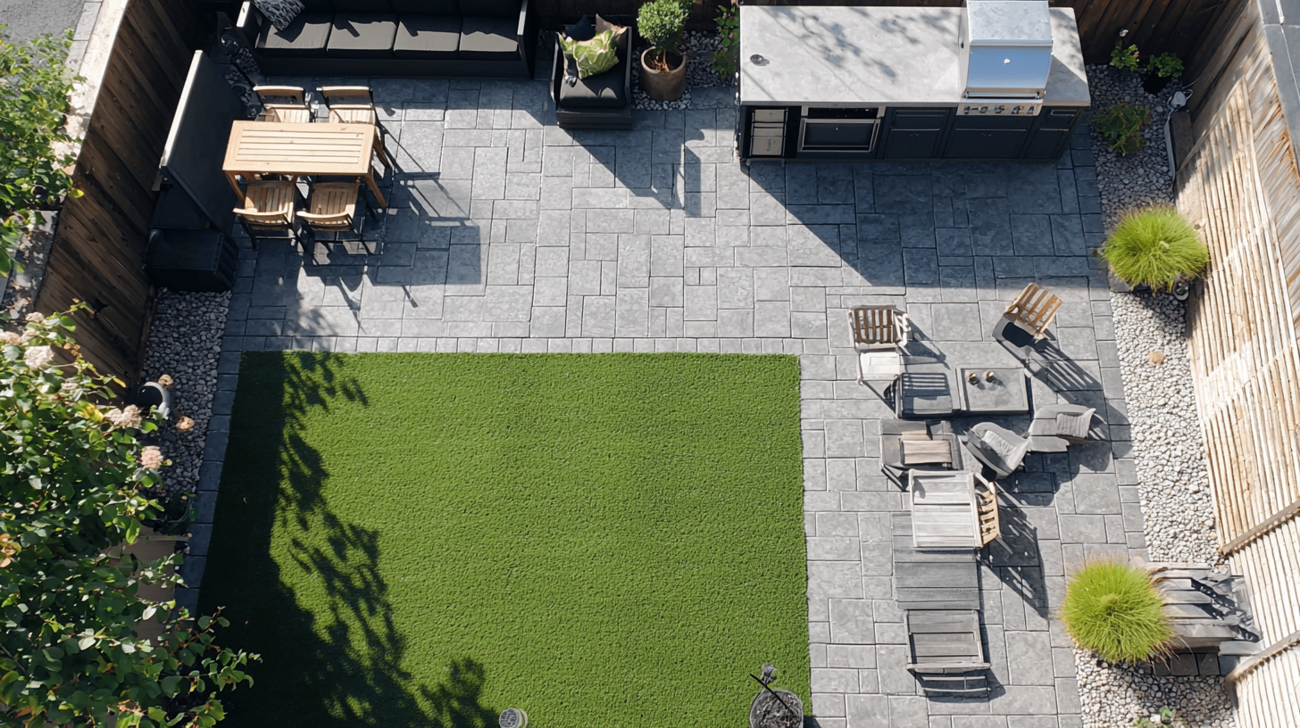 Aerial view of backyard with artificial turf and paver patio