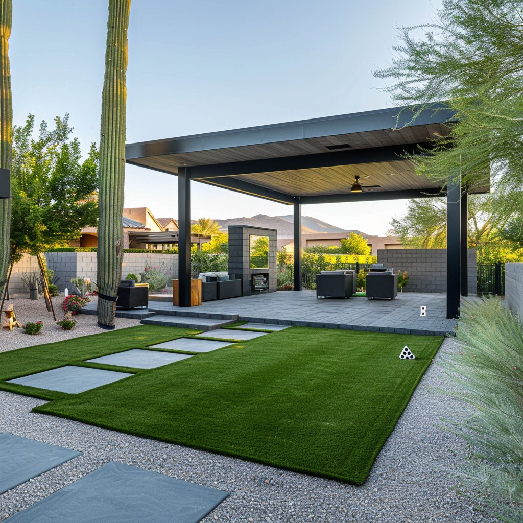 Modern backyard with cantilever pergola and artificial turf