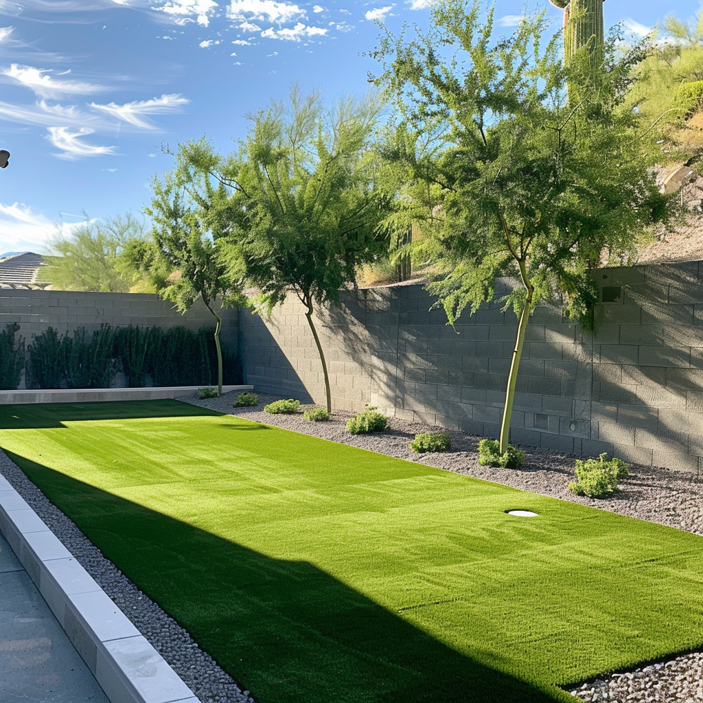 Lush green artificial turf lawn with desert trees