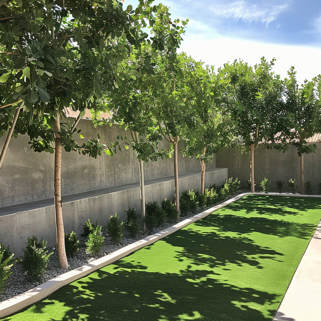 Arizona backyard with artificial turf and tree-lined border