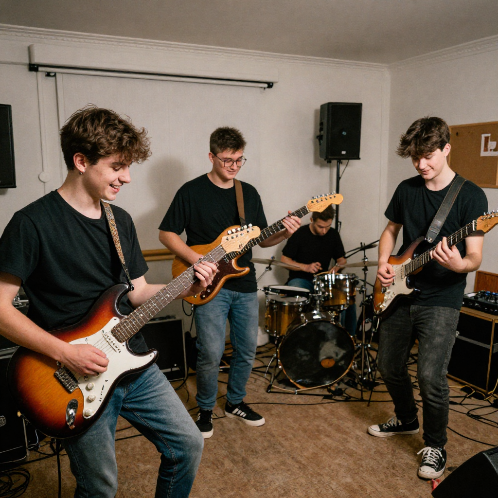 Teenage band rehearsing with guitars and drums