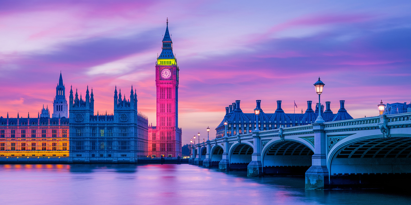 London cityscape with Big Ben and Westminster Bridge at twilight