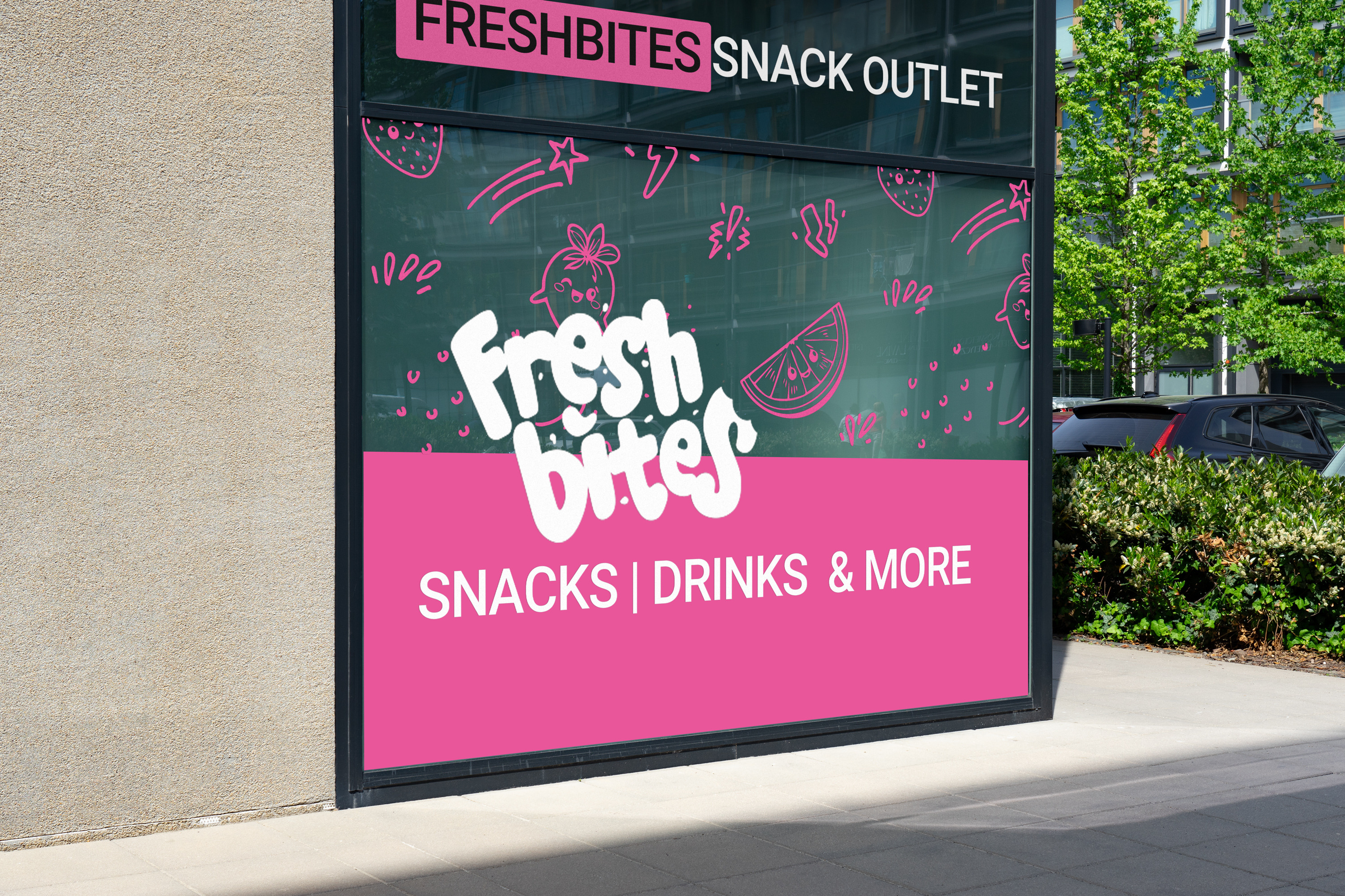 Fresh Bites Storefront mit großflächiger pinker Fensterbeschriftung