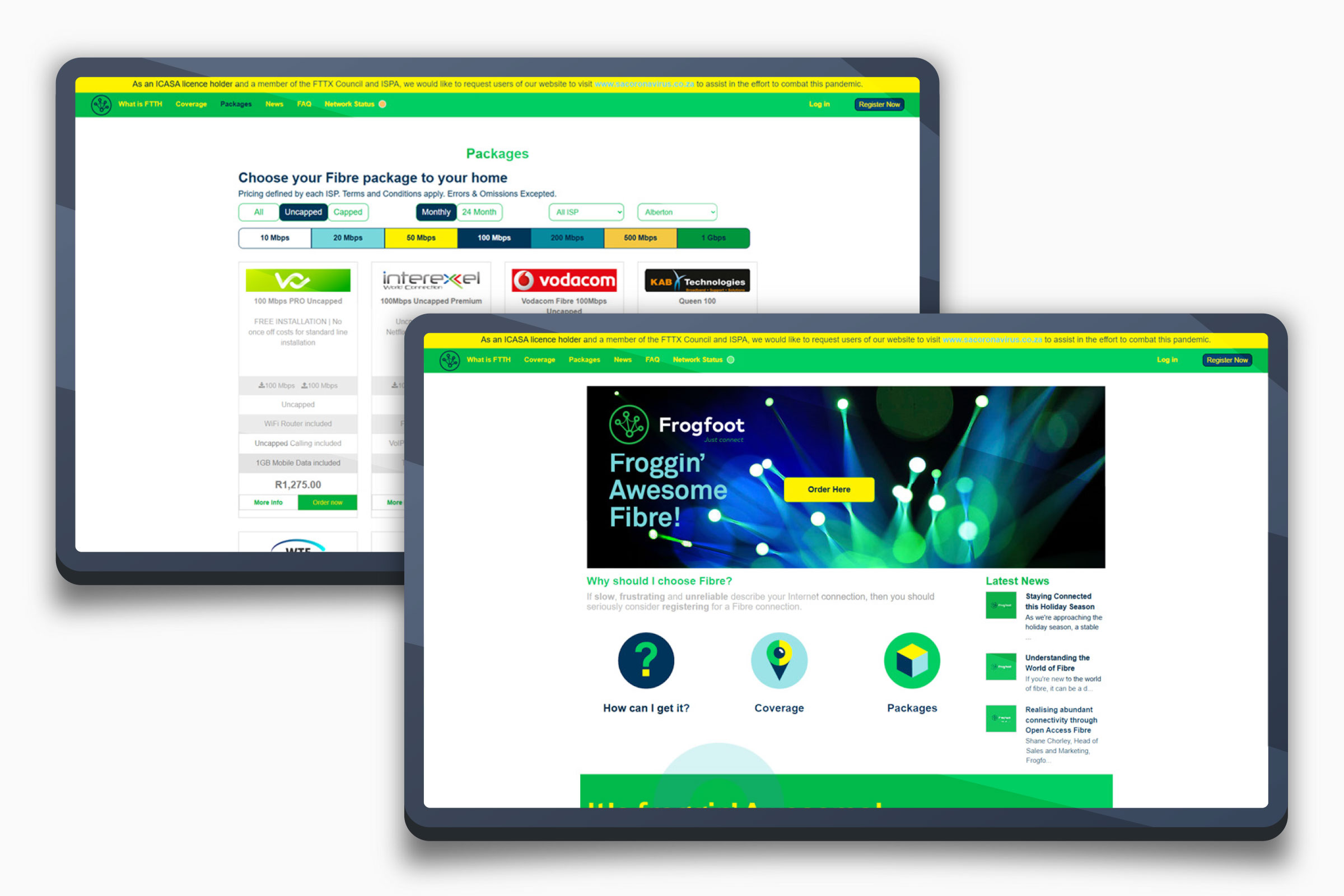 Two tablets showing the legacy Frogfoot website: a dense Packages page listing ISP fibre plans, and the old information-heavy homepage