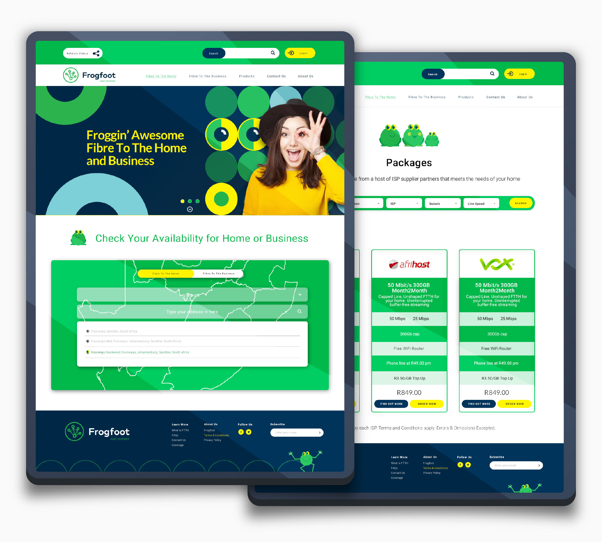 Two tablets showing the redesigned Frogfoot website: an availability checker with an interactive map, and a clearer packages comparison layout