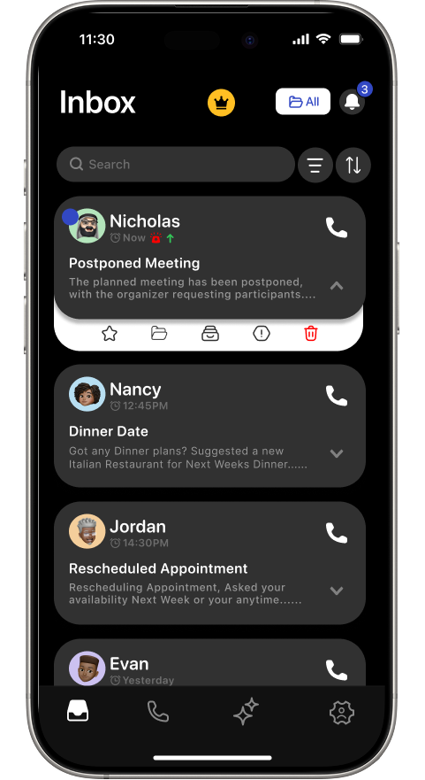 Secretary Agent Inbox page showing call summaries with tone and emergency indicators