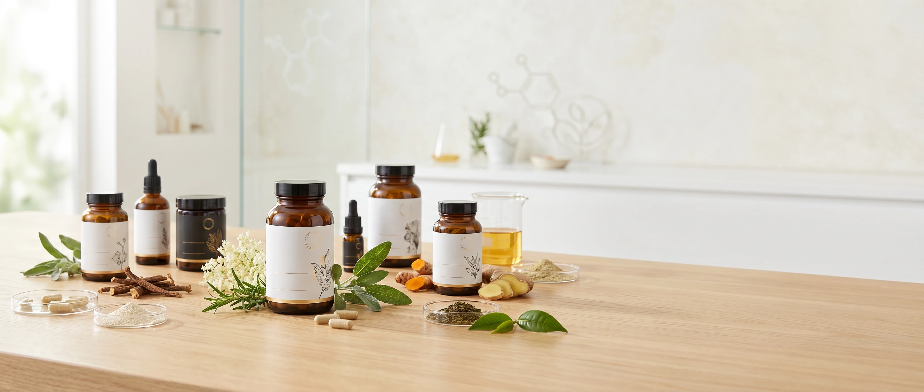 Professional supplement bottles, herbs, and natural ingredients for personalized wellness protocols