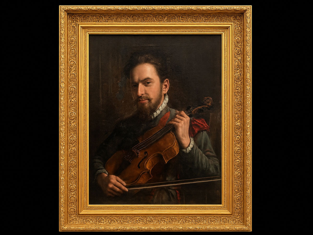 Portrait ancien d'un violoniste dans un cadre doré