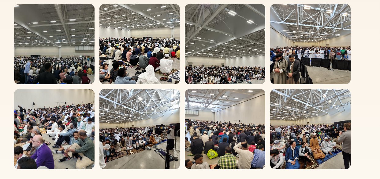 8-panel view of the Eid prayer congregation — thousands gathered inside the convention hall