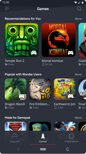 Wonder Games tab with recommendations and popular games