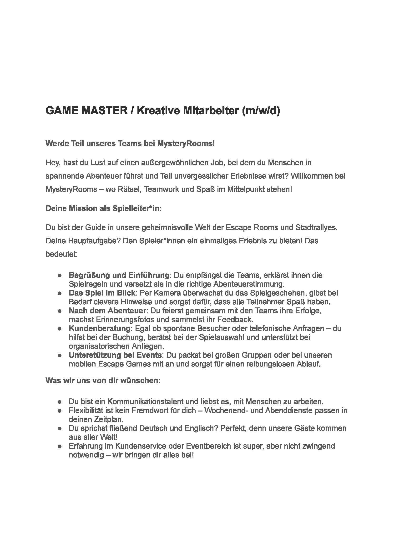 Mystery Rooms – Game Master / Kreative Mitarbeiter (m/w/d)