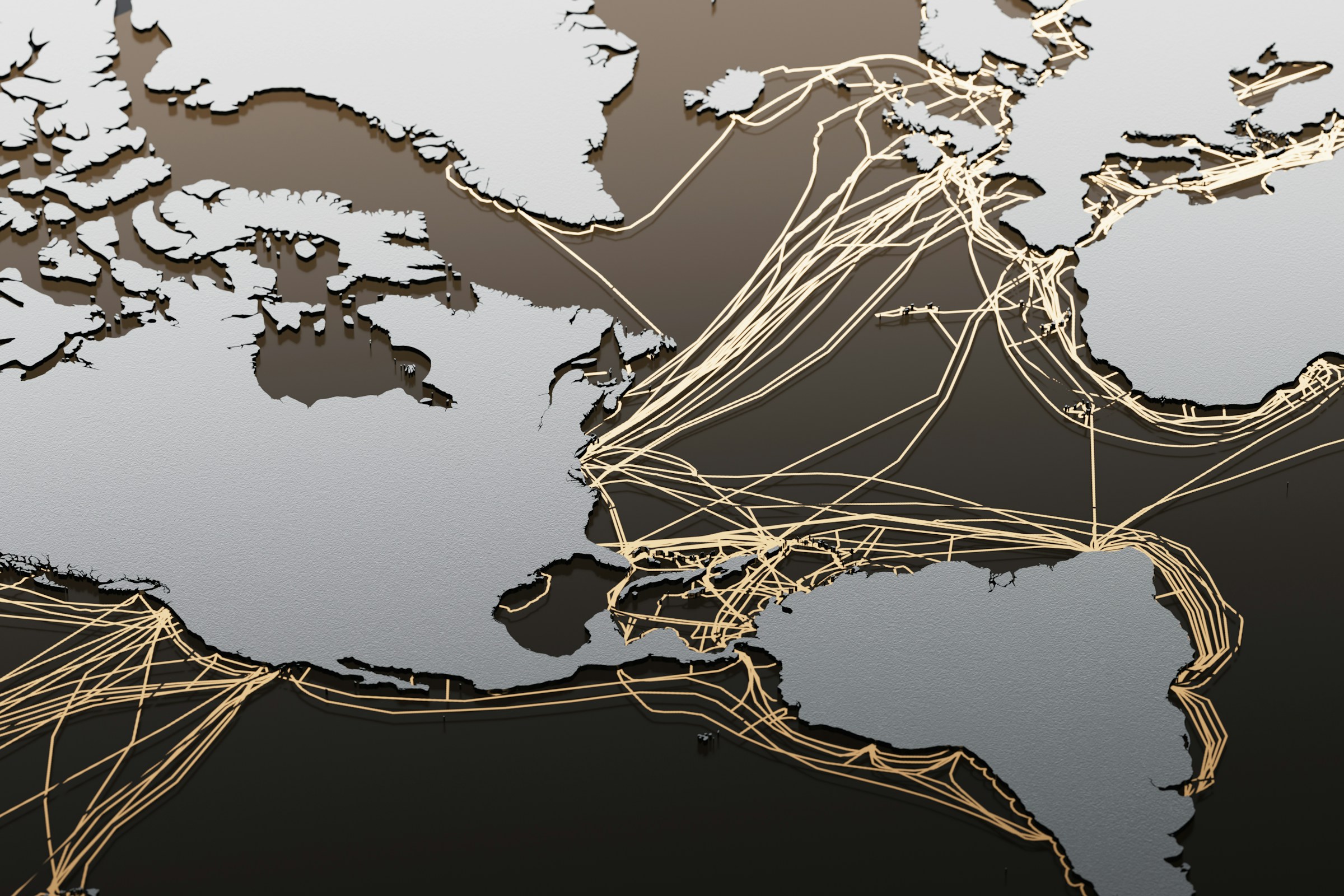 3D map showing global submarine cable network routes connecting continents