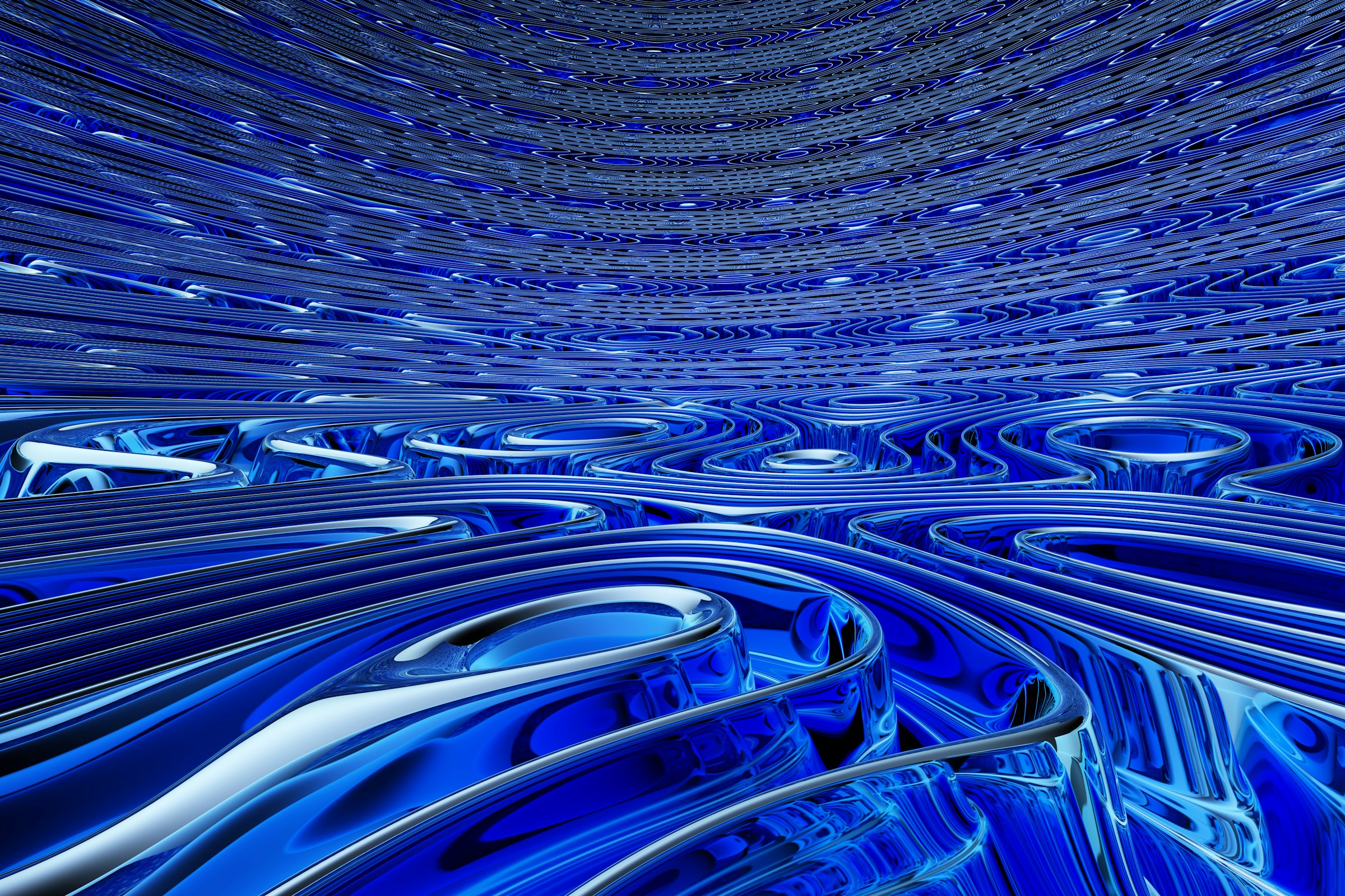 Abstract blue 3D metallic swirling waves pattern representing data flow