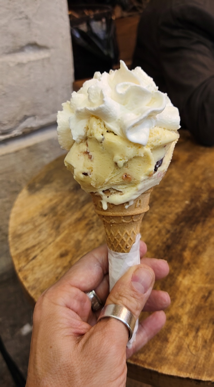 Gelato cone with whipped cream