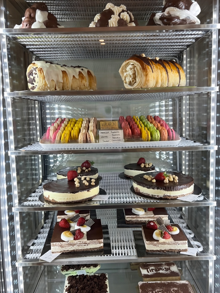 Colorful macarons and cakes