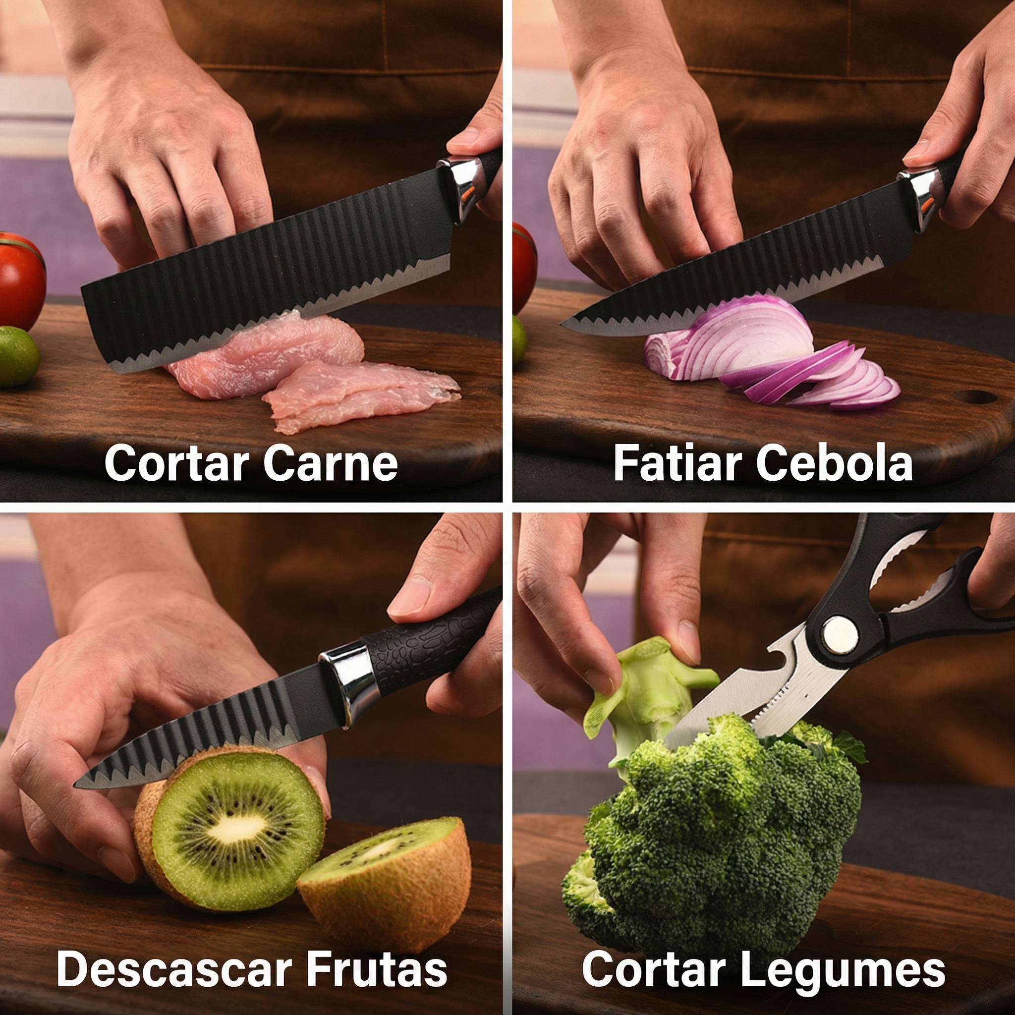 Facas em acao - Cortar Carne, Fatiar Cebola, Descascar Frutas, Cortar Legumes