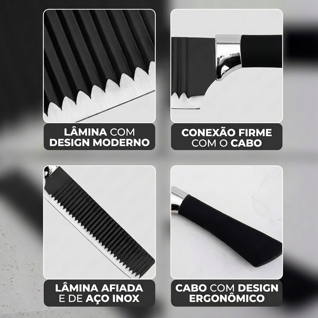 Detalhes da lamina - Design Moderno, Conexao Firme, Lamina Afiada, Cabo Ergonomico