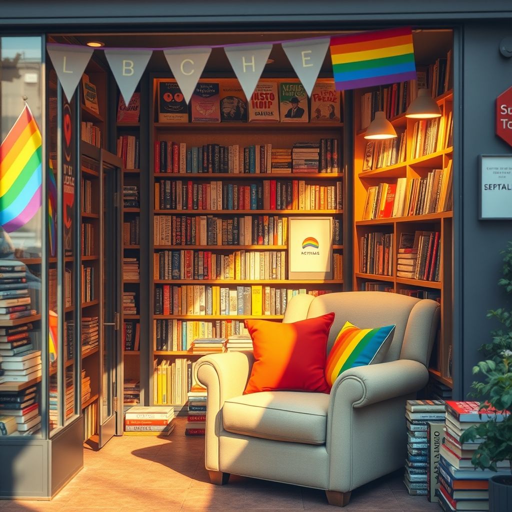 Rincón de lectura acogedor con libros LGBTQ+, un sillón blanco con cojines arcoíris y banderas del orgullo