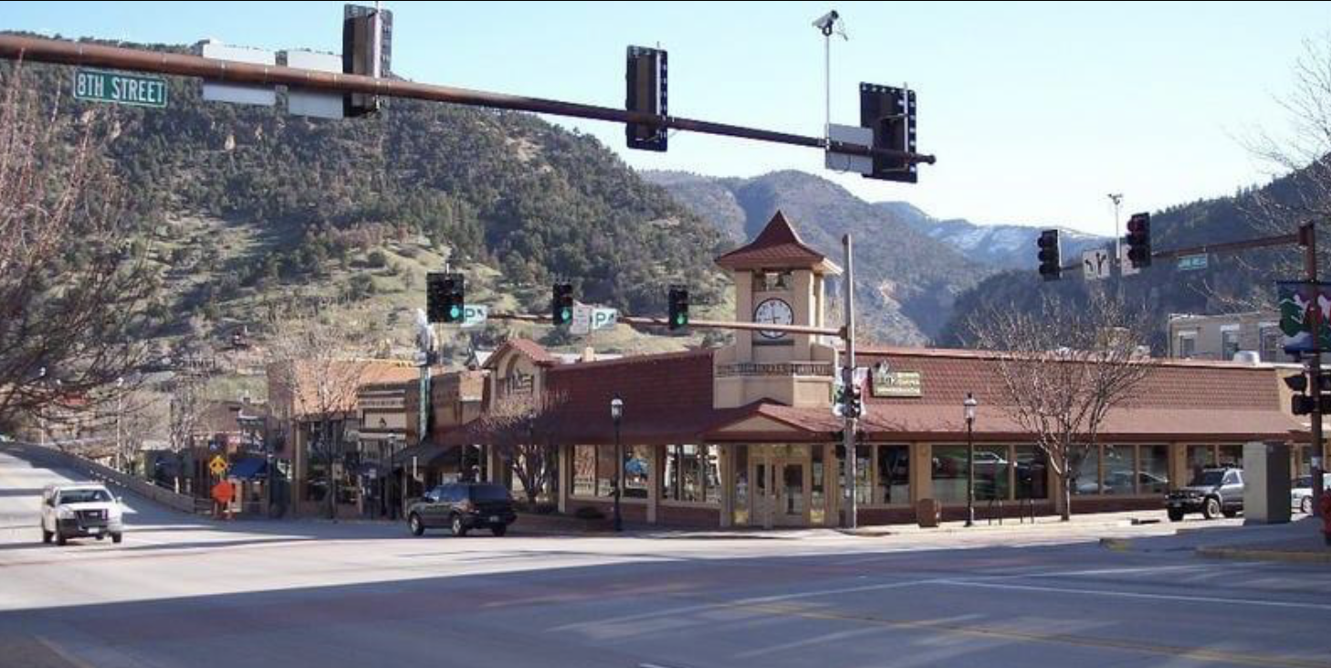 Downtown Glenwood Springs with clock tower and mountain backdrop