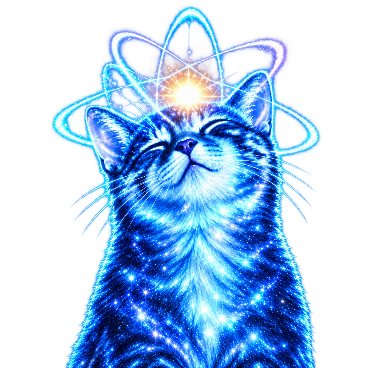 Quantumcate, a radiant blue cosmic cat with glowing atomic orbits and golden energy above its head