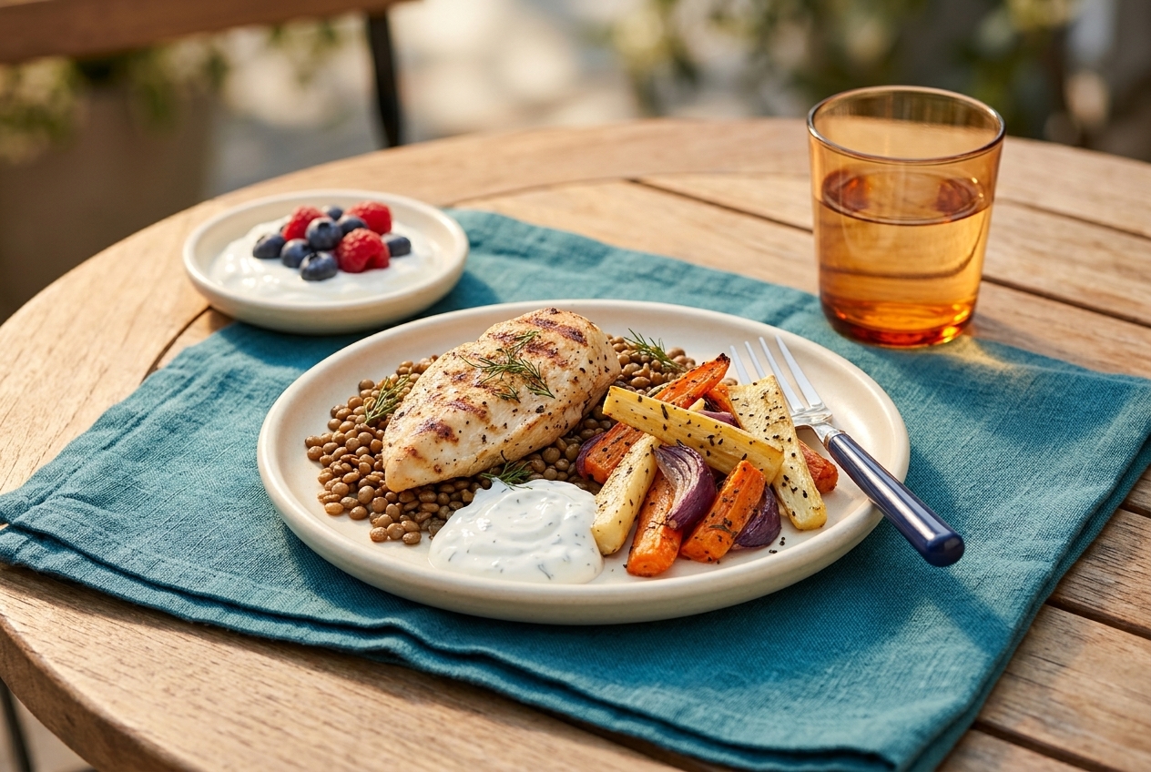 A balanced plate of chicken, lentils, vegetables, and berries
