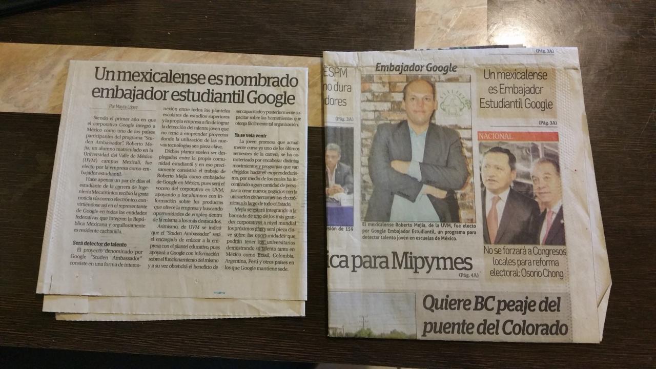 Roberto Mejía en prensa como Embajador Estudiantil de Google México