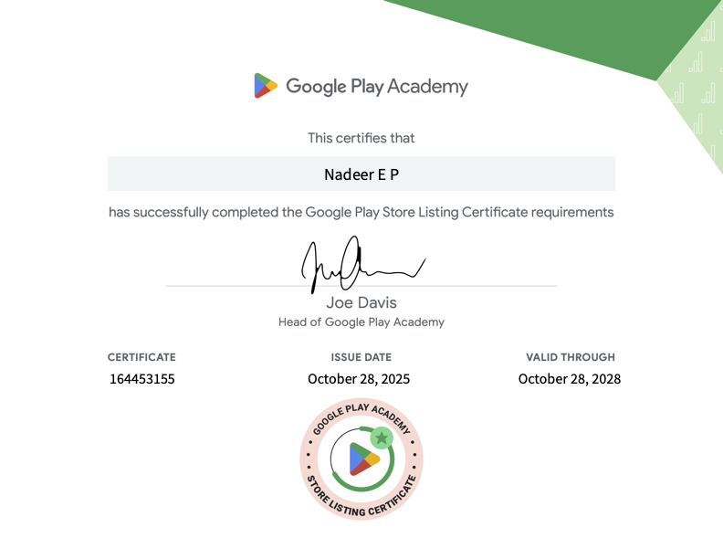 Google Play Store Listing Certificate