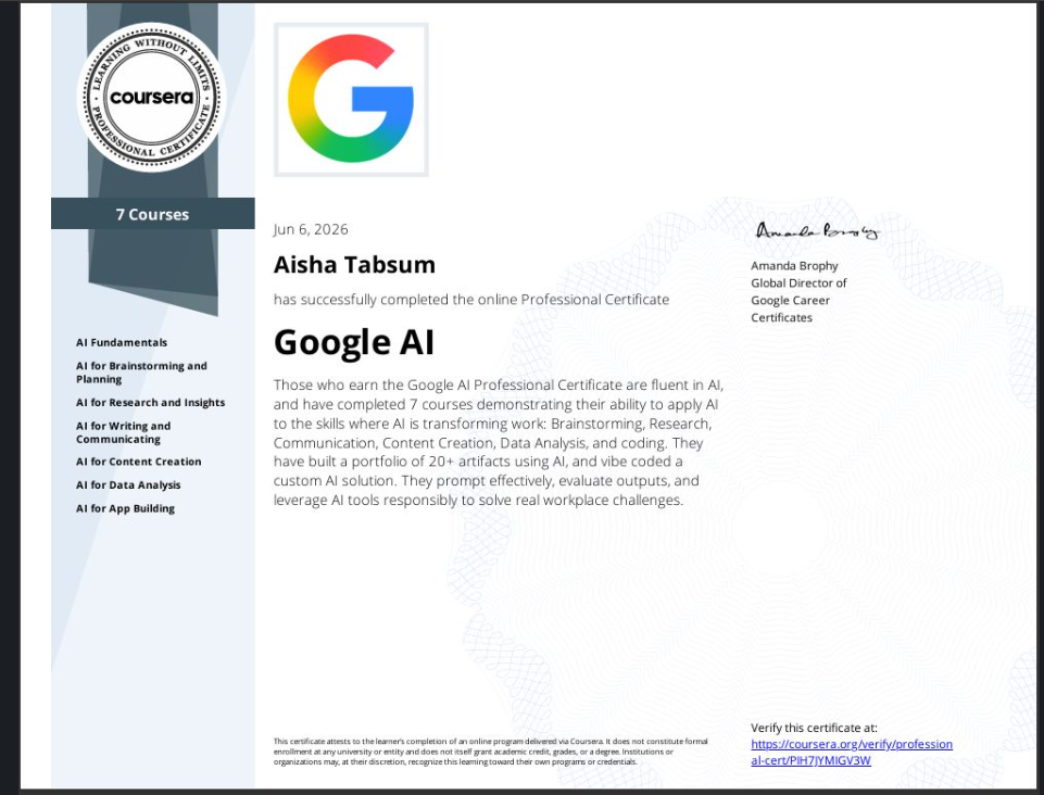 Google AI professional certificate for Aisha Tabsum