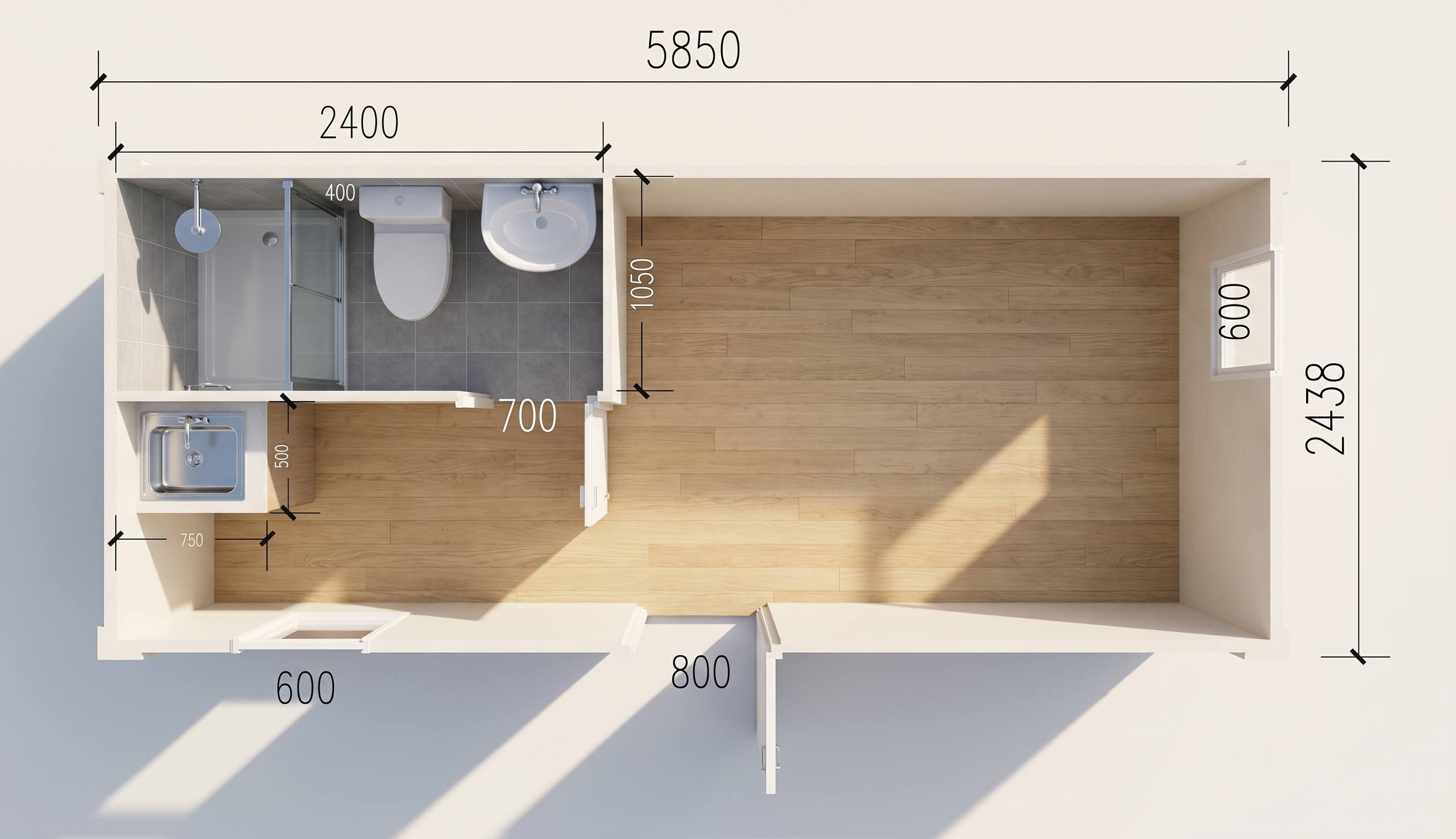 El Gorrión - Plano distribución 15m² con baño y cocina