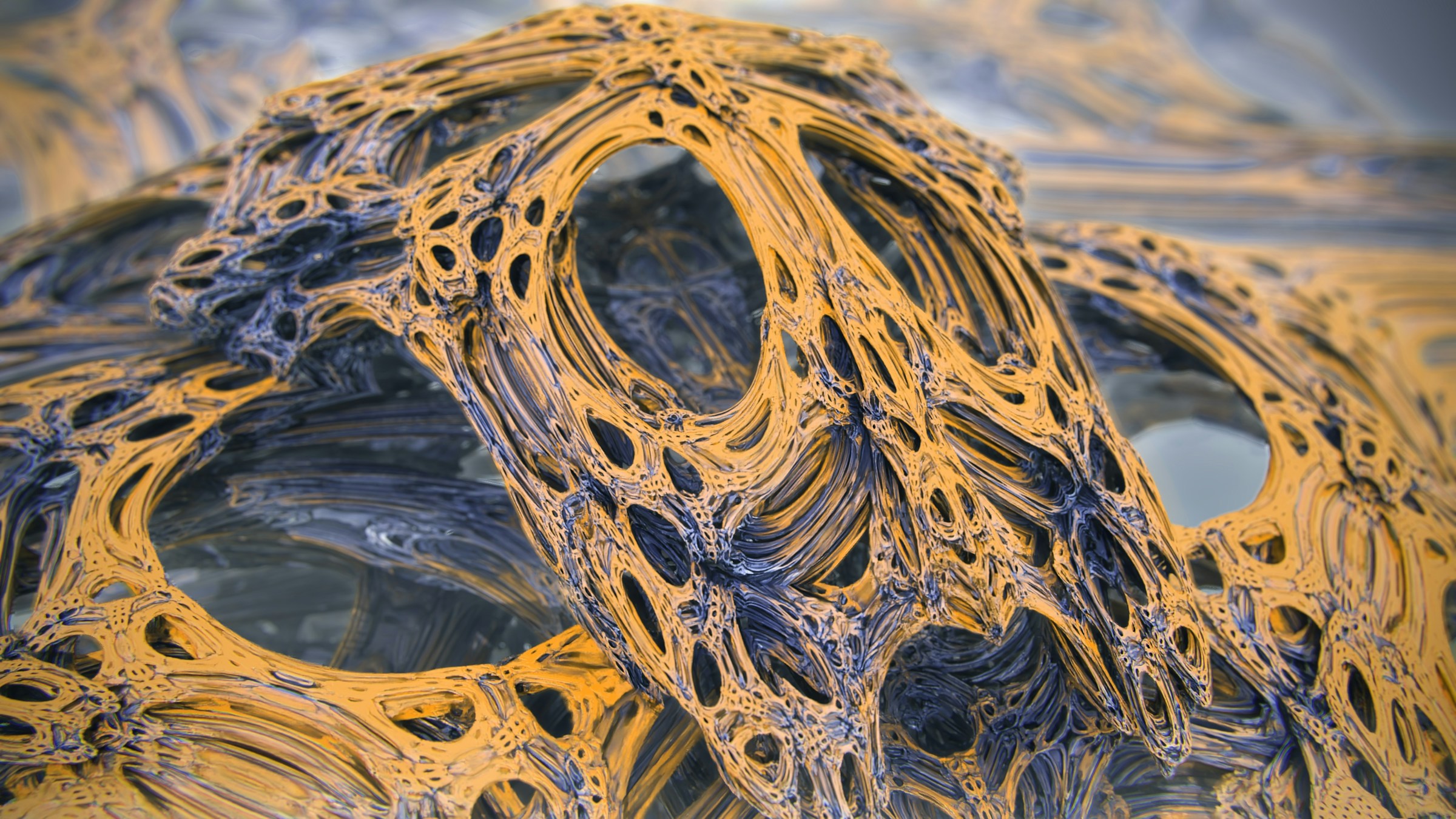 Abstract organic golden mesh structure representing mineral extraction