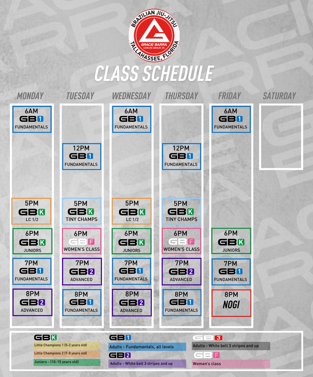 Gracie Barra Tallahassee Class Schedule