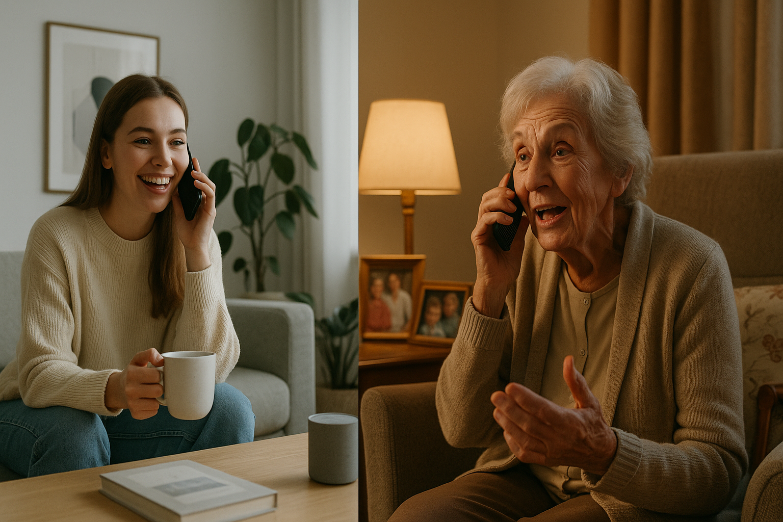 A granddaughter and her grandmother smiling as they speak on the phone from their homes