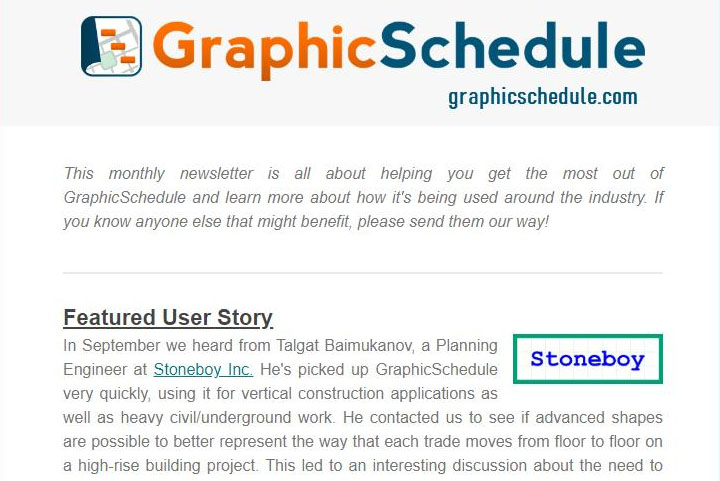 Stoneboy in Graphic Schedule newsletter