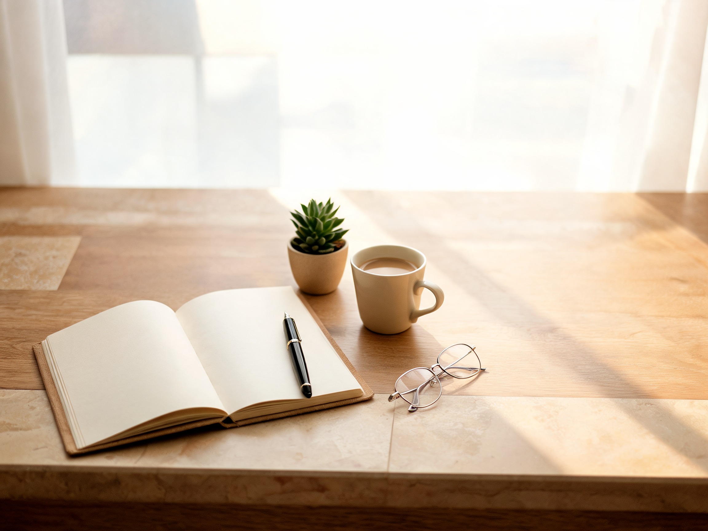 A quiet desk still life with an open notebook, pen and a plant in soft daylight