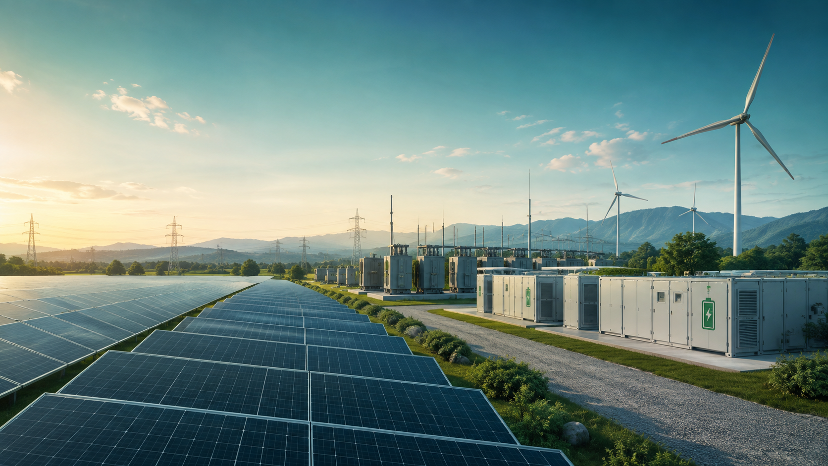 Aerial view of a solar farm with BESS battery storage containers, wind turbines and transmission towers at golden hour against mountain backdrop