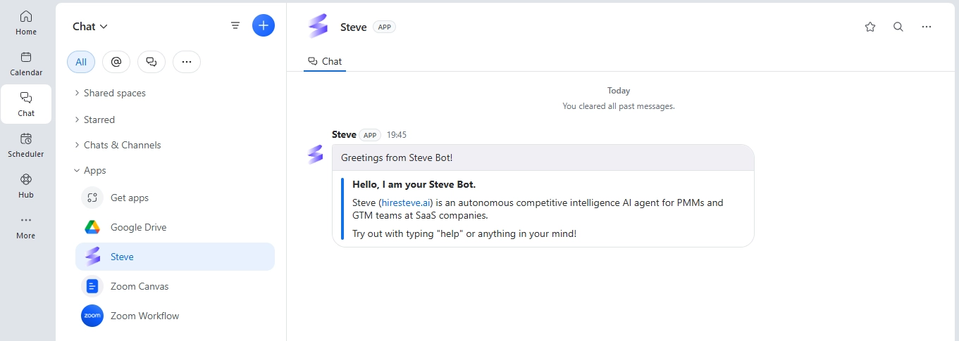Zoom Team Chat showing the Steve bot greeting message and introduction