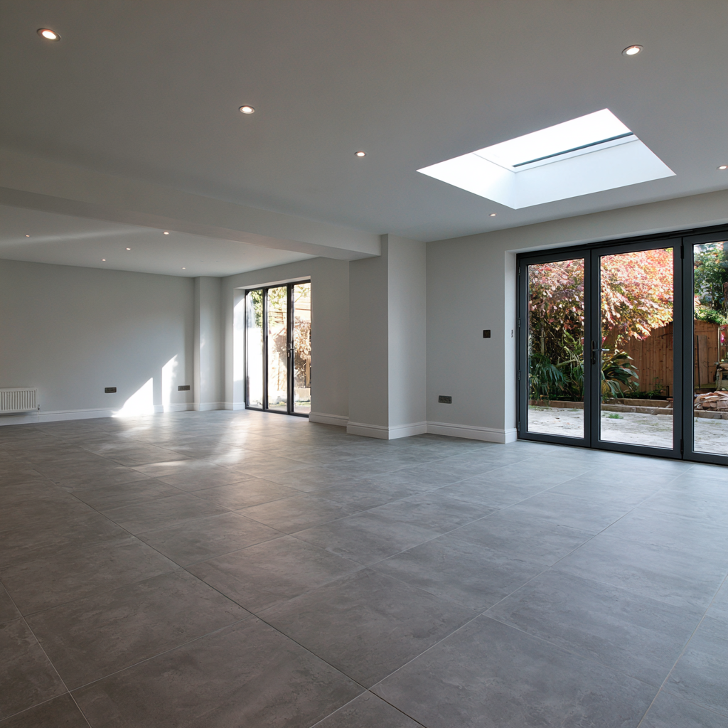 Open-plan extension with skylight and grey porcelain floor in Radlett
