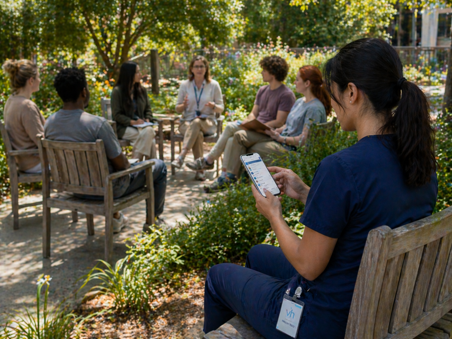A nurse running a digital safety round on her phone during an outdoor group session at a residential treatment program