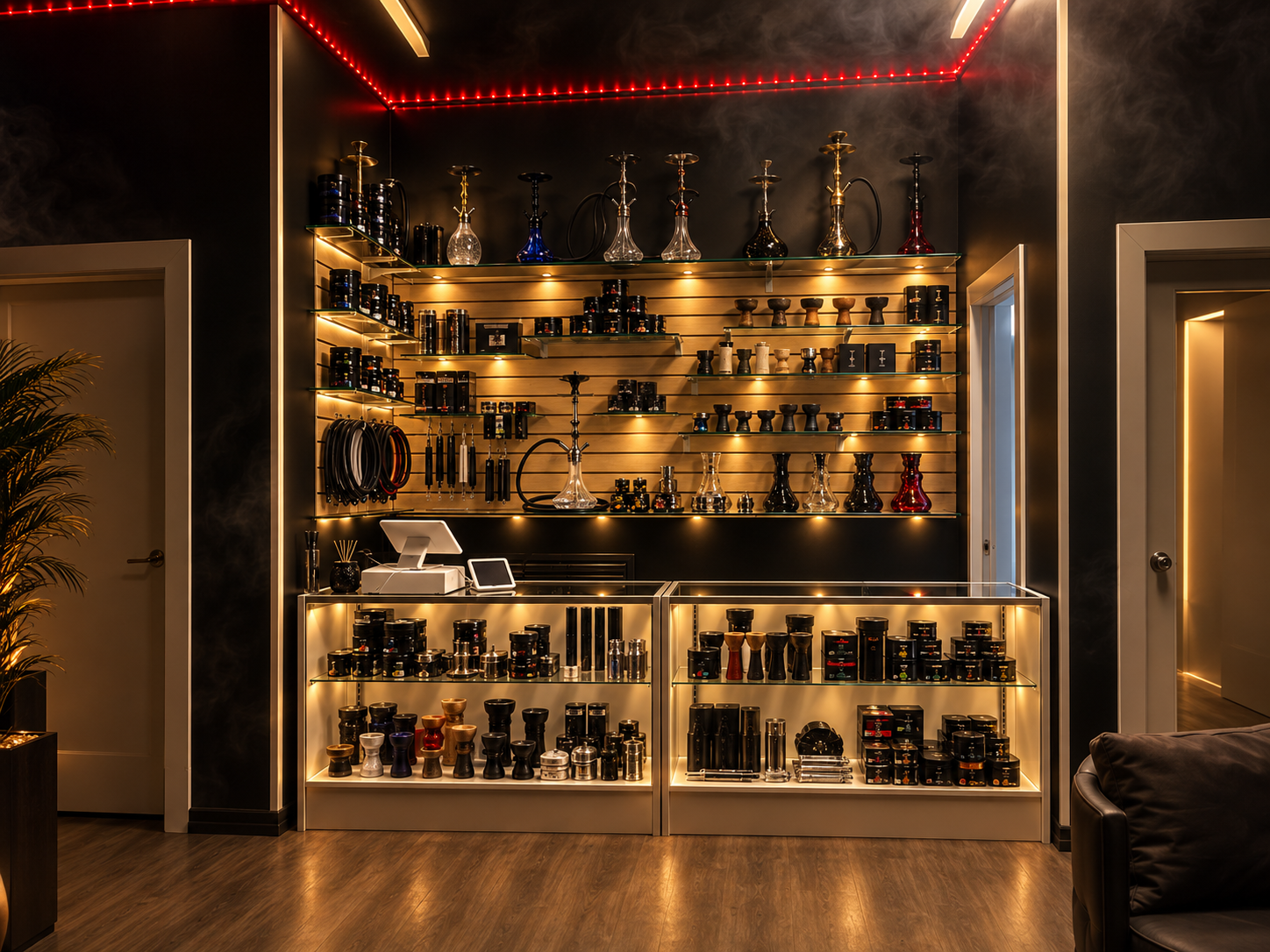 Hookahs and accessories arranged on premium retail shelves