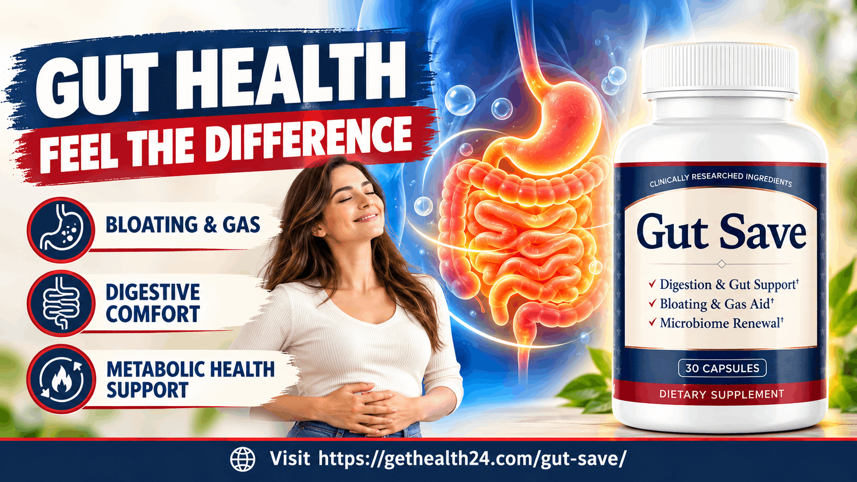 Gut Save digestive health supplement with healthy digestive system illustration