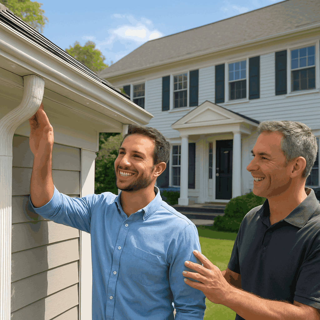 Professional gutter cleaning service - happy homeowner with contractor on Connecticut home