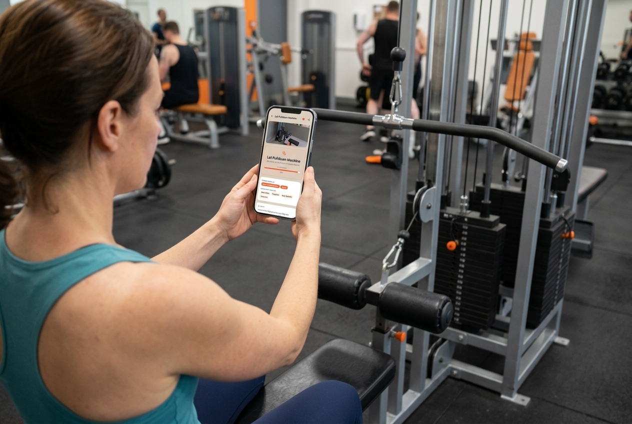 A woman scanning gym equipment with the app on her phone